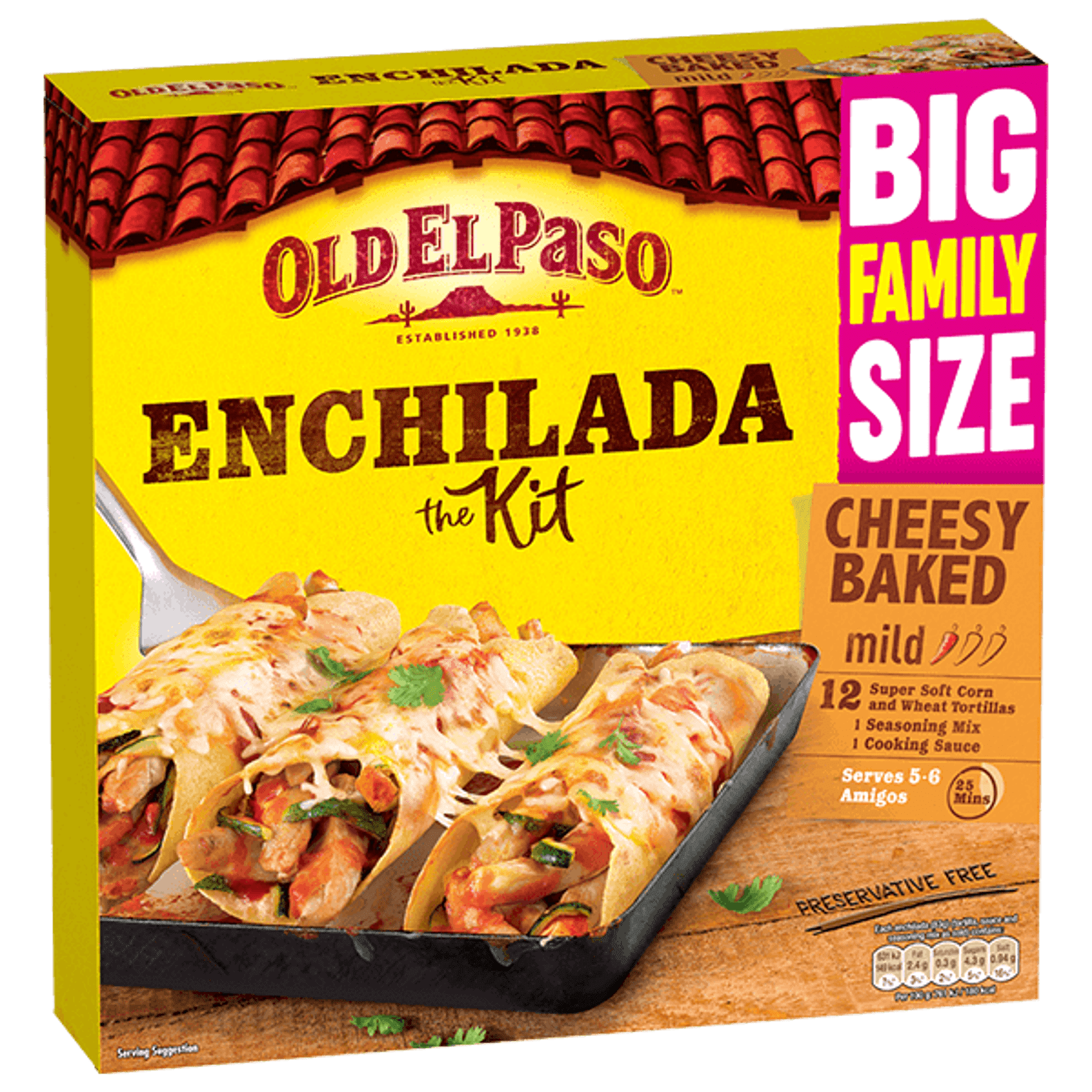 pack of Old El Paso's big family size mild cheesy baked enchilada kit containing 12 soft corn & wheat tortillas, seasoning mix & cooking sauce (995g)